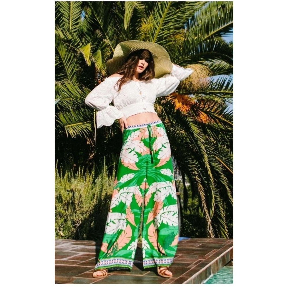Free Market by Flying Tomato Tropical Palm Leaf Palazzo Pants Green M IP6876FM